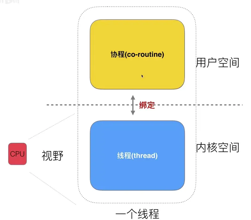 将一个线程分成两个部分，CPU只负责内核空间的线程，减小了切换成本；而用户空间更好区分故改名为协程